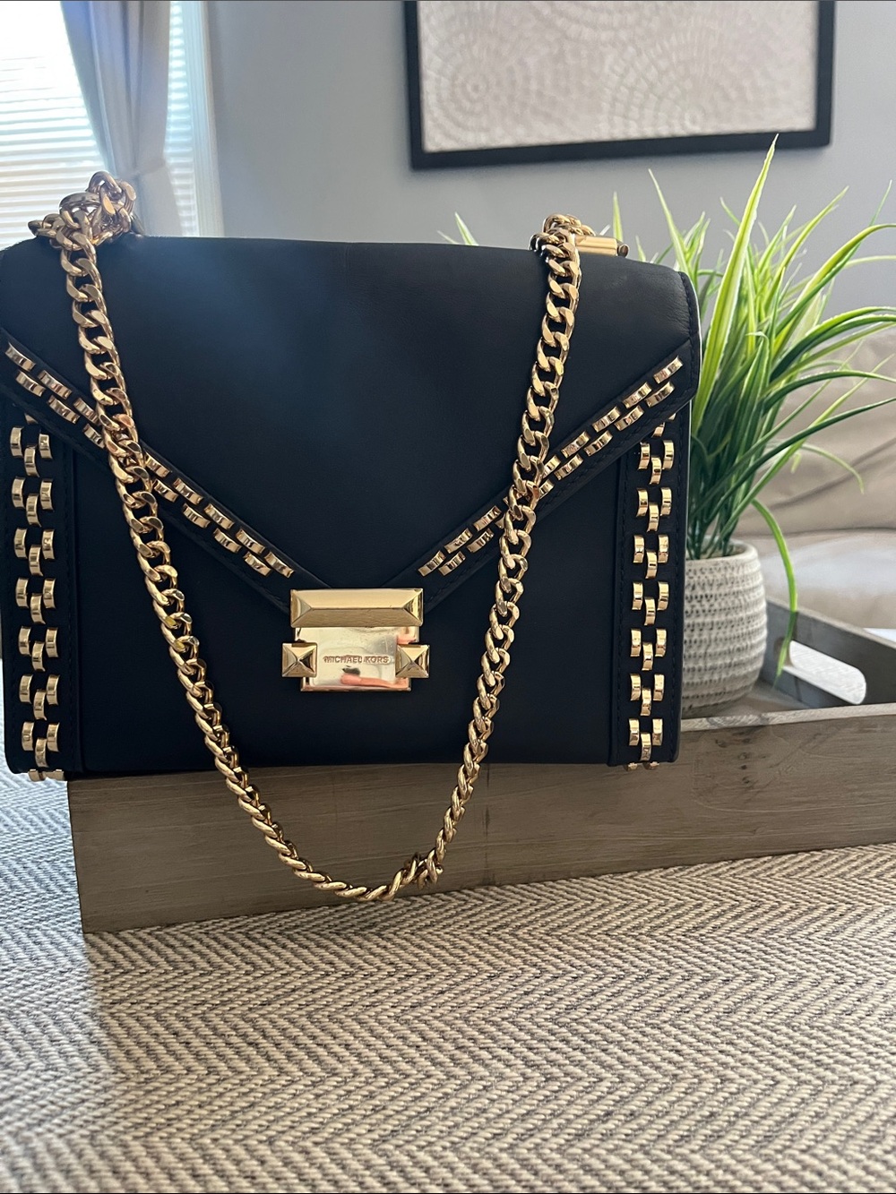 Michael Kors navy blue authentic Shoulder Bag with Gold Chain and Stud Accents